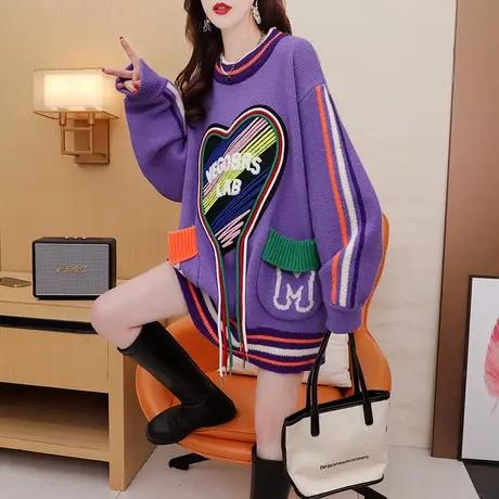 设计感毛衣女中长款2024新款春季洋气减龄宽松慵懒风加厚针织外套商品大图