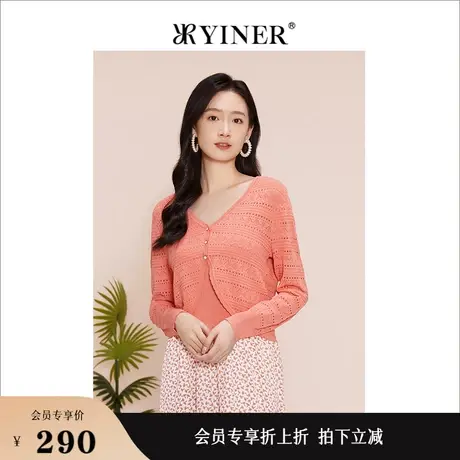 YINER音儿线上专选女装2023春季通勤时尚海棠橙V领针织衫衫商品大图