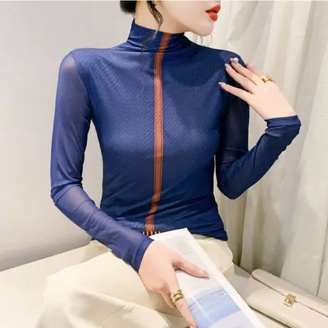 欧货女装加绒秋冬新款网纱T恤半高领洋气套头上衣女修身打底小衫图片