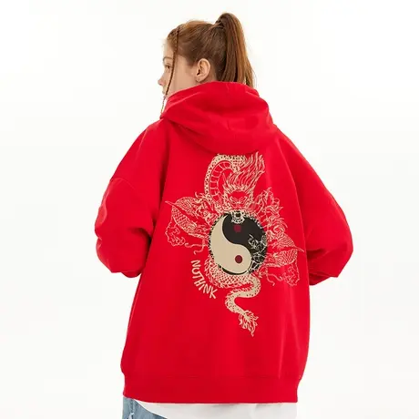Nuthink国潮新年本命年加绒加厚红色卫衣男宽松大码情侣连帽外套商品大图
