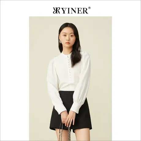 YINER音儿女装夏季时尚钉珠桑蚕丝圆领真丝衬衫上衣图片