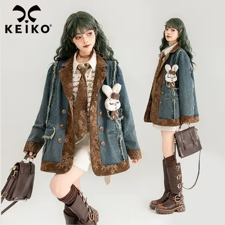 KEIKO 国风拼色牛仔外套女2025春季高级感复古宽松休闲小西装夹克图片