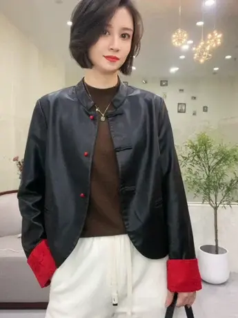 新中式黑色皮衣外套女春秋季拼接撞色国风盘扣皮夹克显瘦外搭开衫图片