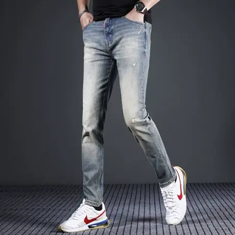 2024春季新款复古牛仔裤男修身小直筒水洗破洞潮牌弹力男士裤子图片