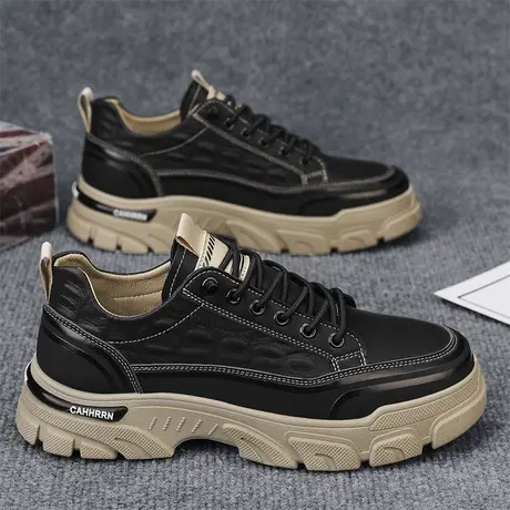 男鞋2024新款春季厚底工装板鞋黑色休闲皮鞋防水防滑工作劳保潮鞋图片