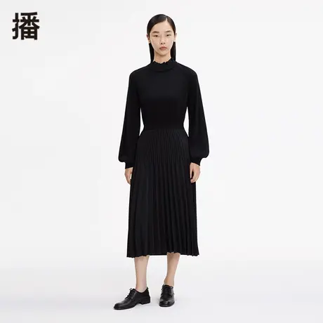 播秋季新款100%羊毛复古灯笼袖套头高腰连衣裙女BDP3LD1802图片