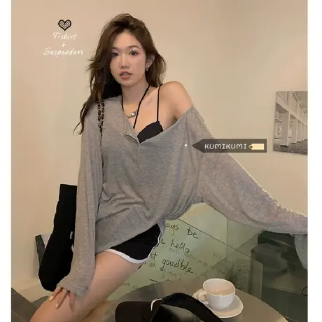 慵懒风灰色长袖T恤女装夏季宽松薄款防晒罩衫设计感小众休闲上衣图片