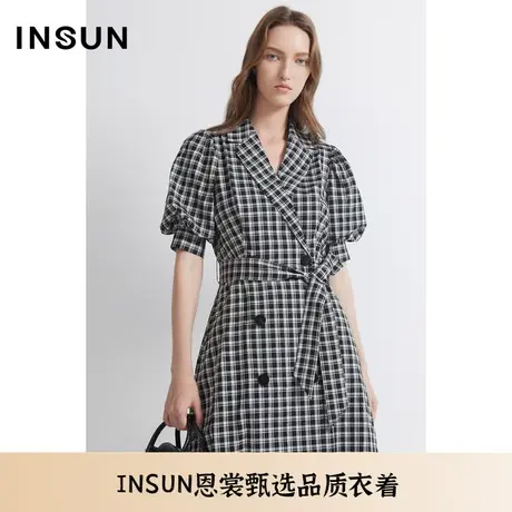 INSUN恩裳夏季醋酸轻盈凉感格纹泡泡袖连衣裙图片