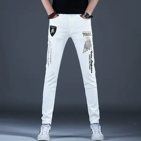 2024男士新款白色牛仔裤男款春秋修身烫钻小脚裤子潮流潮牌欧洲站商品大图