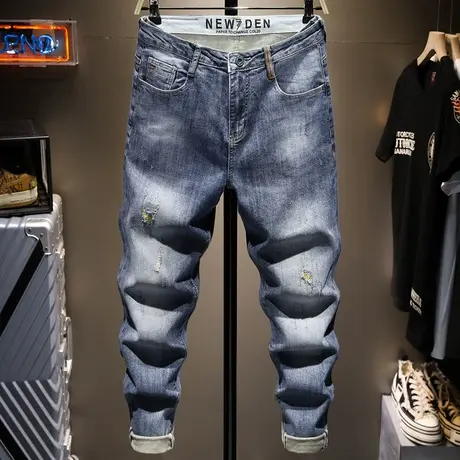 夏季薄款潮牌破洞牛仔裤男修身小脚男士九分裤子男百搭学生韩版潮商品大图