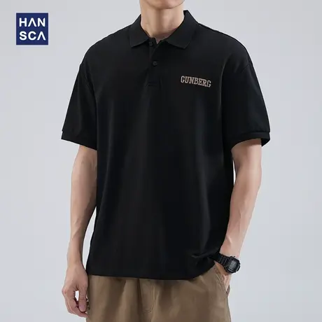 hansca 黑色短袖t恤男polo衫青少年夏季宽松刺绣潮流百搭休闲体恤商品大图