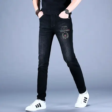 男士奢侈黑色刺绣牛仔裤男修身小脚裤子休闲弹力高端潮牌秋款男款图片