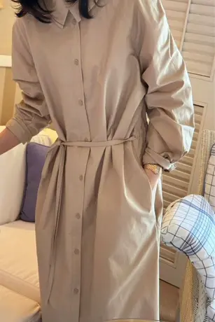 春夏新款长袖衬衫连衣裙女过膝长款韩版系带修身显瘦时尚休闲衬衣图片