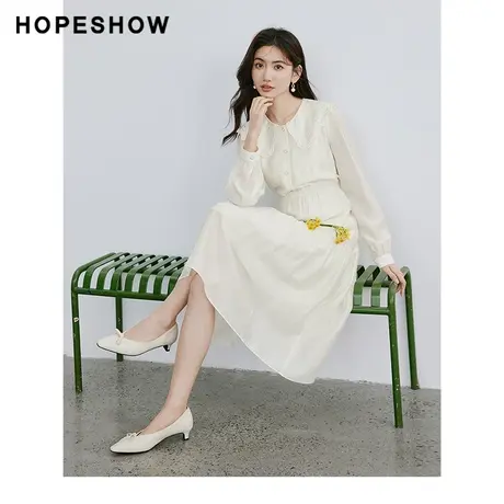 红袖收腰绣花边套头连衣裙hopeshow2024春季新款娃娃领高级茶歇裙图片