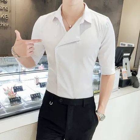 ins潮牌夏装衬衫男士短袖夜场网红痞帅紧身上衣男装七分中袖衬衣商品大图