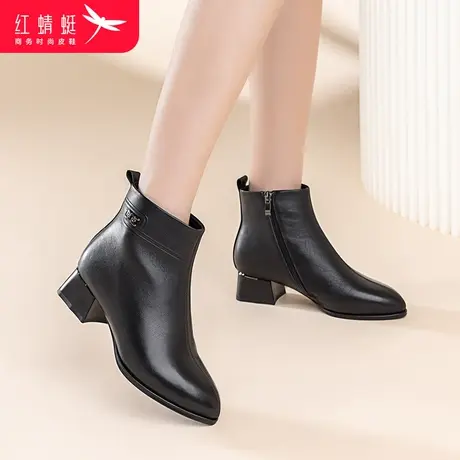 红蜻蜓冬季简约尖头女短靴2023年新款加绒女鞋休闲时尚妈妈鞋中年商品大图