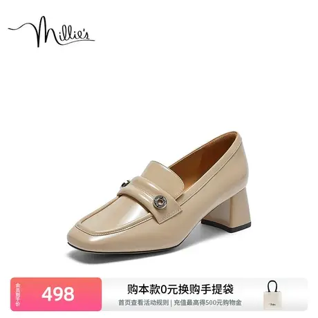 妙丽复古高跟鞋春季新款时尚休闲通勤气质方头粗跟女单鞋SEP36CA3图片