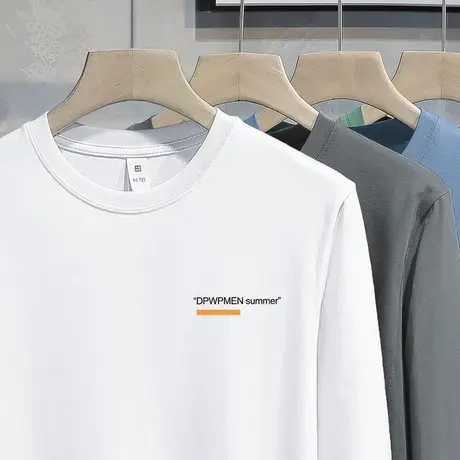 重磅纯棉t恤男长袖白色上衣服宽松全棉体恤青少年潮流内搭打底衫商品大图