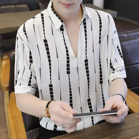 条纹衬衫男士短袖五分袖宽松2023夏季新款衬衣服薄款冰丝港风衬衫商品大图