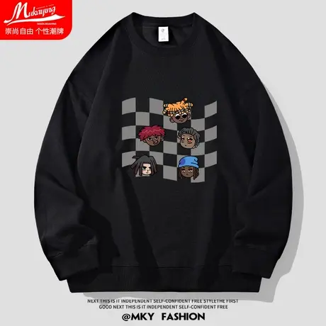 美式高街潮流棋盘格圆领卫衣男秋季薄款宽松大码落肩休闲长袖外套图片