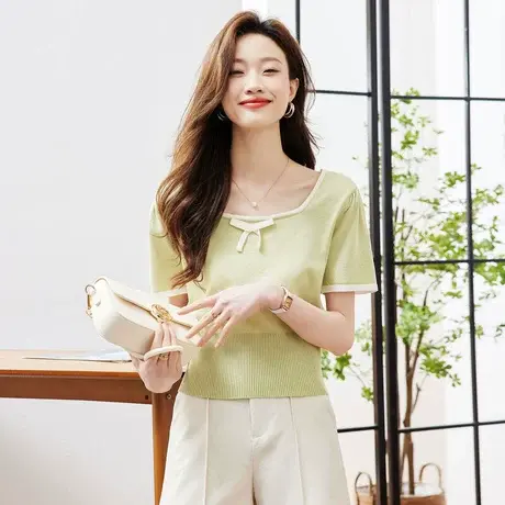 时尚气质方领短袖针织衫2023年夏季新款淑女温柔甜美宽松显瘦上衣商品大图