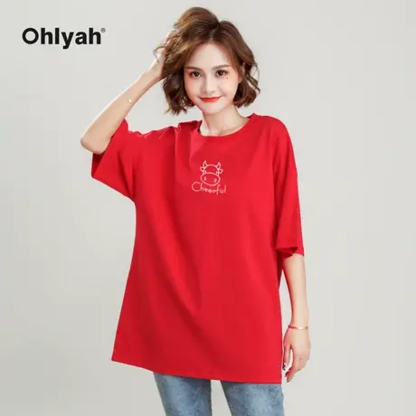 Ohlyah品牌 oversize短袖t恤女红色圆领牛年本命年衣服打底衫内搭图片