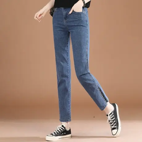 韩潮袭人高腰显瘦直筒牛仔裤女士2023秋季新款开叉喇叭烟管长裤子商品大图