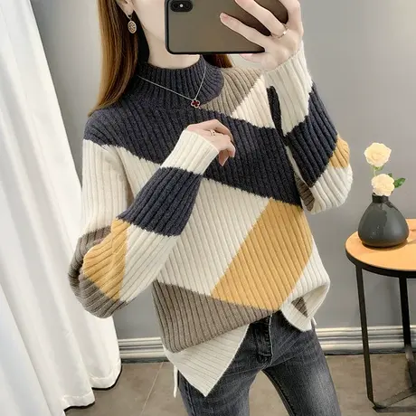 毛衣女2023年秋冬新款短款菱形针织衫宽松内搭加厚半高领打底衫女图片