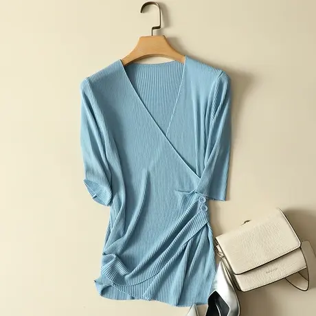 冰丝交叉V领针织短袖T恤女2023夏装新款修身百搭薄款打底衫上衣潮商品大图