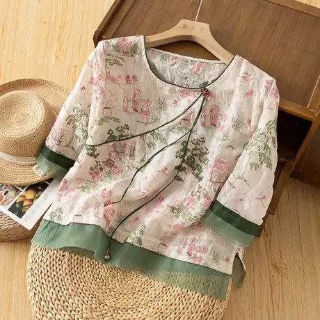 享永子五分袖苎麻上衣女拼接蕾丝碎花文艺复古高级感棉麻小衫新款图片