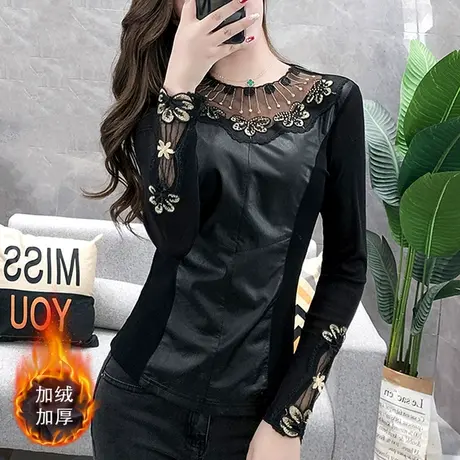 加绒加厚打底衫女长袖春秋蕾丝拼接PU皮T恤女时尚洋气上衣外穿潮商品大图