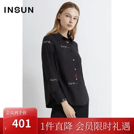 恩裳2023早春新品棉质衬衣定制立体绣花黑色正肩廓形衬衫图片