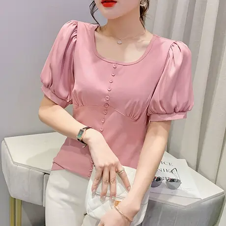 女装2023新款潮别致纽扣短袖T恤夏季洋气修身百搭泡泡袖上衣小衫商品大图