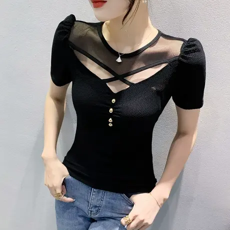 性感镂空网纱T恤女短袖2023夏季新款时尚别致上衣紧身洋气上衣ins商品大图