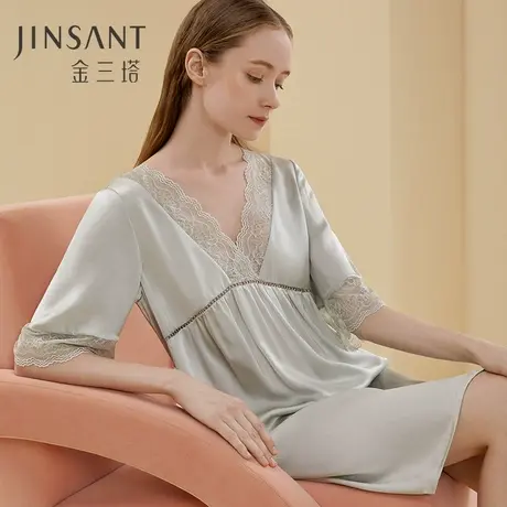 金三塔100%桑蚕丝睡裙女真丝蕾丝纯色舒适宽松丝绸睡衣新品商品大图