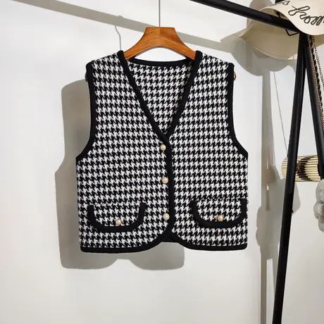 千鸟格毛衣马甲开衫女秋冬新款宽松v领小香风针织衫背心马夹外套商品大图