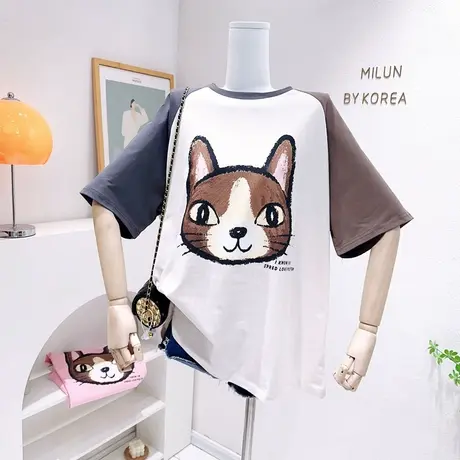 2023春夏款高级感别致上衣韩版猫咪印花宽松大版遮臀短袖T恤欧货商品大图