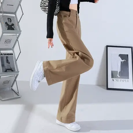 高腰阔腿裤女春秋卡其色裤子2023新款女裤休闲长裤宽松拖地直筒裤商品大图