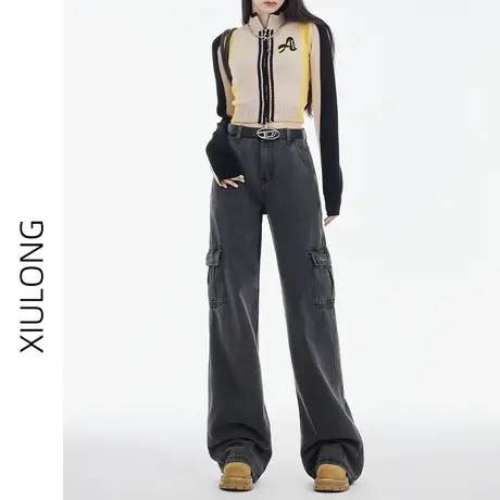 黑色高腰美式工装牛仔裤女春秋2023年新款显瘦直筒宽松垂感阔腿裤图片