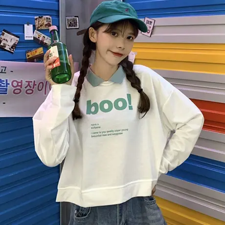 日系古着polo领卫衣女2020春秋薄款宽松韩版ins上衣bf慵懒风外套图片