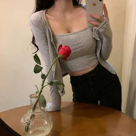 T恤女港风chic吊带背心内搭长袖开衫春季短款打底衫上衣两件套潮商品大图