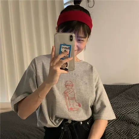 红续2023新款韩版宽松bf学院慵懒风卡通可爱纯棉短袖T恤女上衣ins商品大图