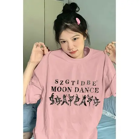 纯棉设计感小众短袖t恤女夏季新款国潮牌宽松粉色上衣盐系小个子图片