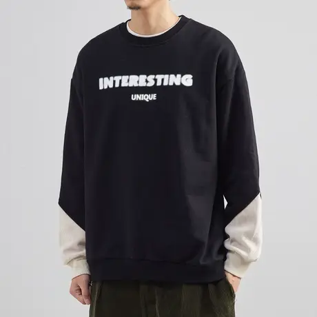 撞色字母印花圆领韩版黑色加绒卫衣男2022年秋冬新款潮流无帽上衣商品大图