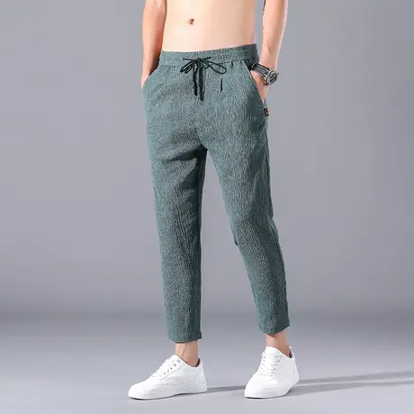 亚麻裤男宽松薄款2020新款小雏菊夏季男裤束脚九分冰丝休闲裤子男商品大图