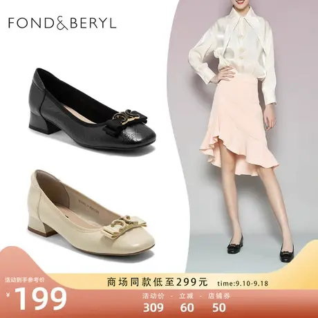 菲伯丽尔方头单鞋春新款浅口低跟蝴蝶结通勤风女鞋FB21111075商品大图