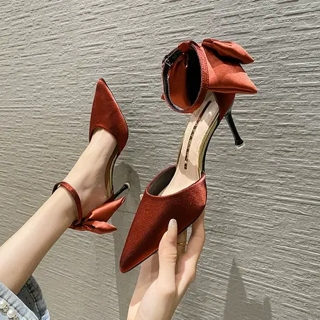 一字带蝴蝶结新娘结婚鞋女2022年夏季新款法式气质百搭细跟高跟鞋图片