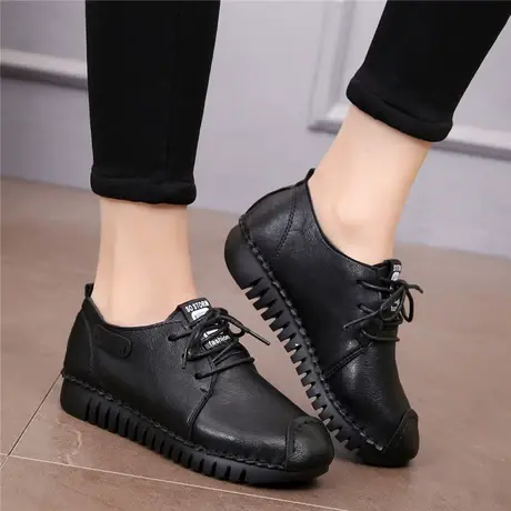 妈妈鞋软底工作鞋百搭舒适平底单鞋春秋季休闲鞋防滑皮面中年女鞋商品大图