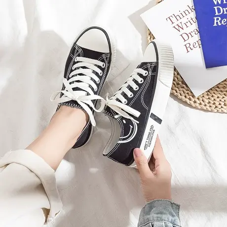 笑脸帆布鞋女2021年秋季薄款新款学生ulzzang百搭平底潮鞋ins板鞋图片