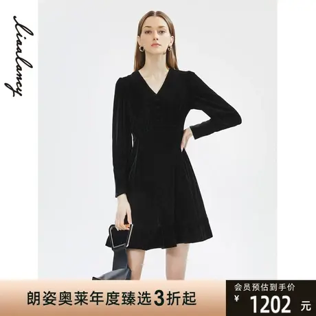 朗姿法式复古丝绒长袖V领高腰小黑裙女冬季新款黑色连衣裙图片